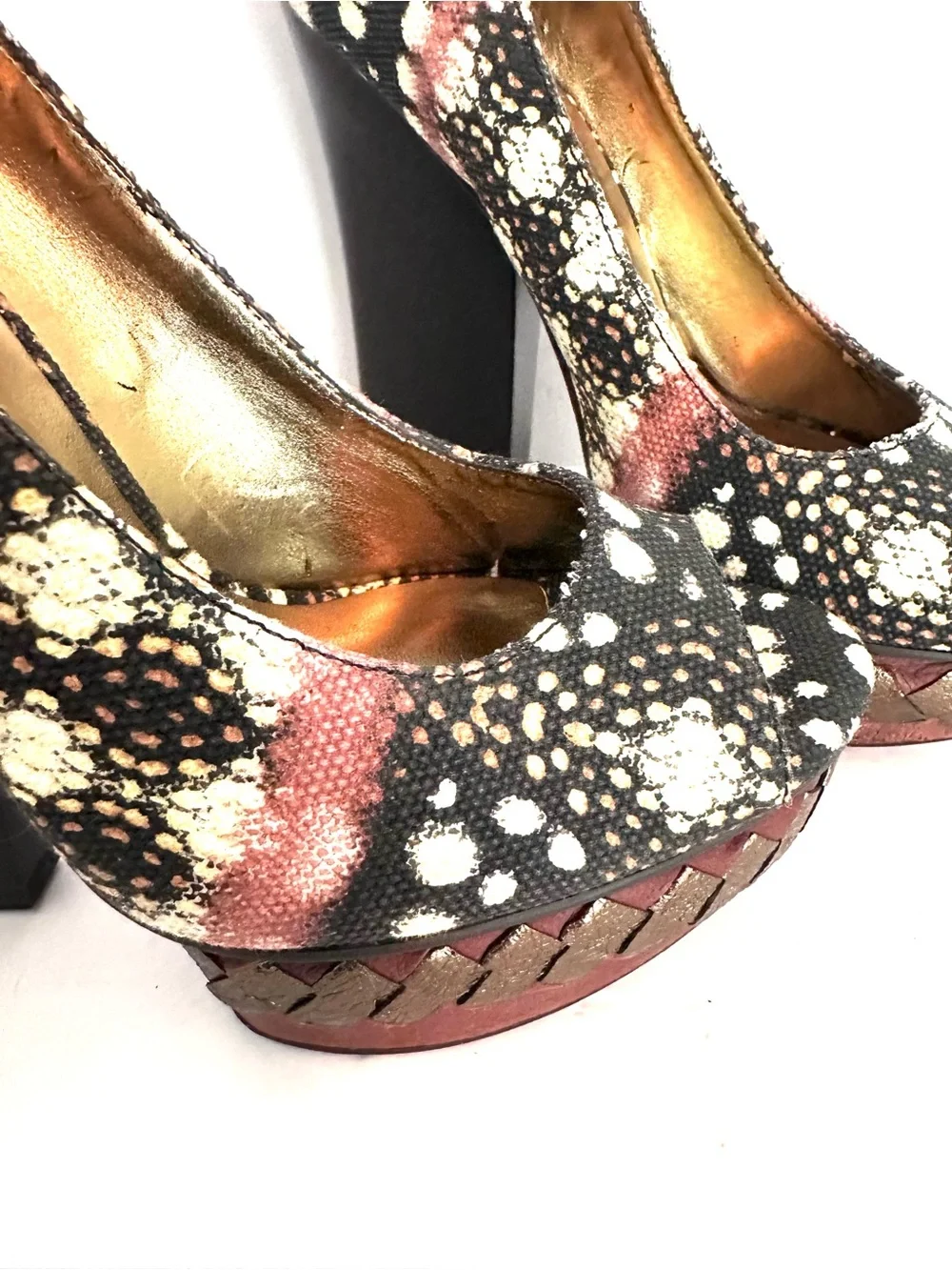 Nine West Black, Cream & Pink Patterned Platform Peep-Toe Pumps Size 7